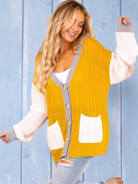 BiBi Sweaters - BiBi Mustard Color Block Button Cardigan Sweater | Oversized Cozy Knit | Pockets